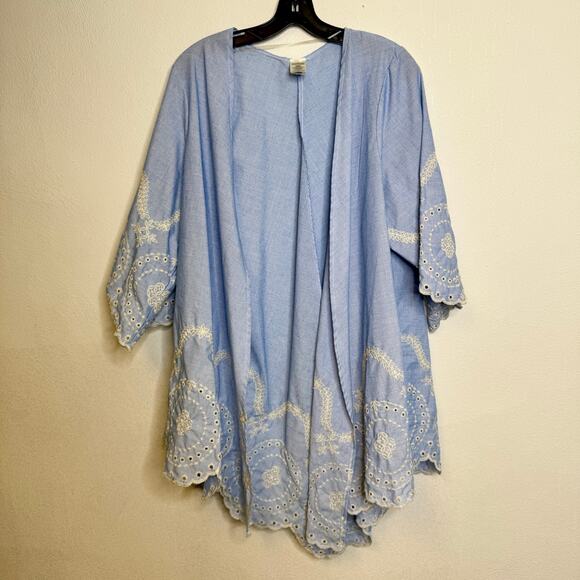 2/$25 Time & Tru Blue Embroidered Hem Feminine Boho Lightweight Floral Kimono - Picture 4 of 10